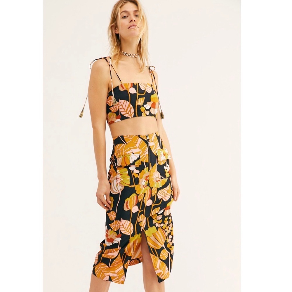 Free People Matching Set Crop Top Midi Skirt Floral Boho Bold Co Ord Set XS NWT